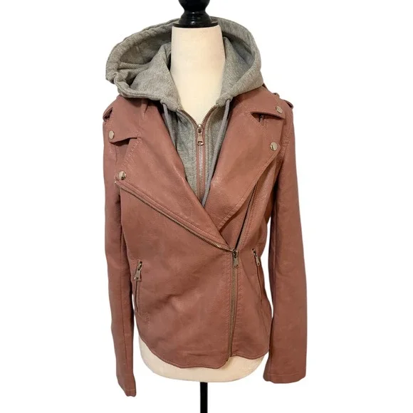 Vintage Le Chateau Medium Pink Faux Leather Moto Jacket w/ Grey Hoodie - Picture 4 of 11